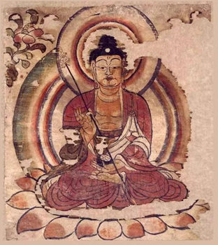 药师佛的手势图之手持钵与锡杖。